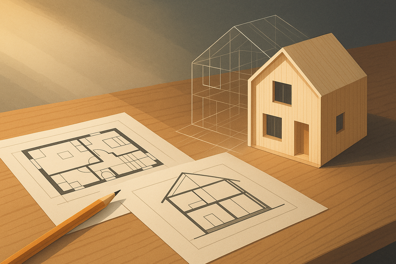 Conceptual illustration: architectural drawings and a model with digital geometry