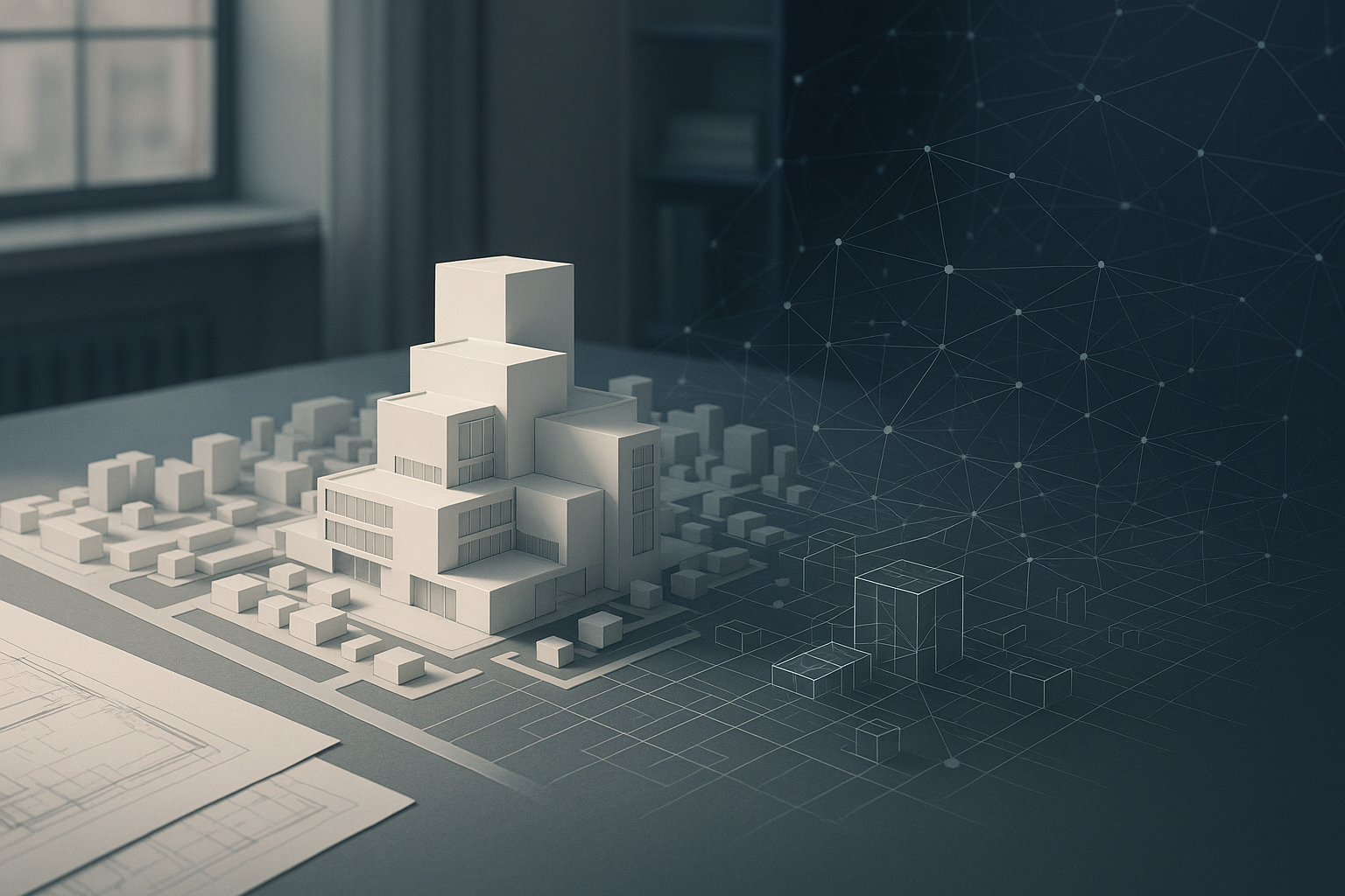 Conceptual illustration: architectural drawings and a model with digital geometry